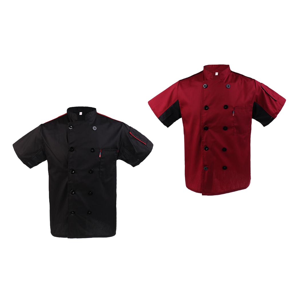 2 Chef Jacket Coat Uniforms Short Sleeves Unisex Black & Wine Red XL