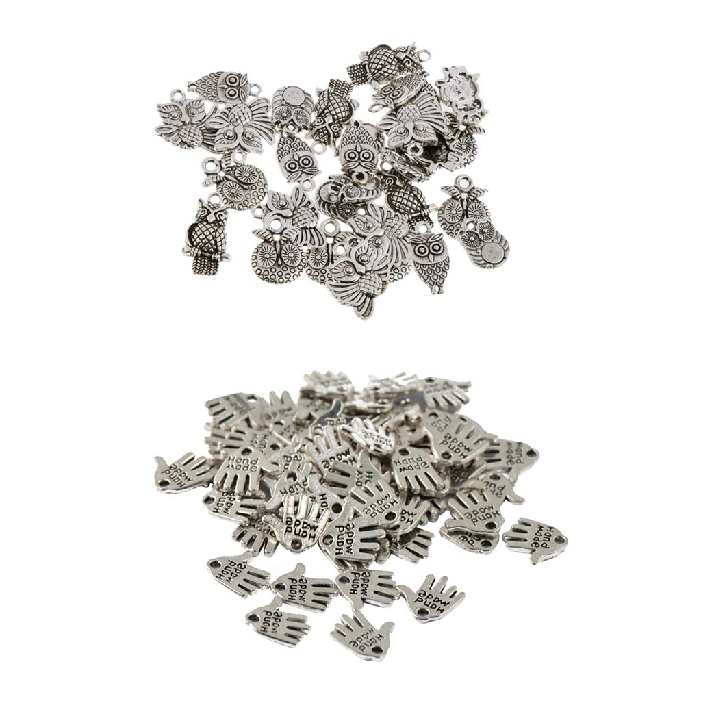 80 Pieces Silver Tibetan Hand Owl Bird Pendant Finding Bead Making Findings