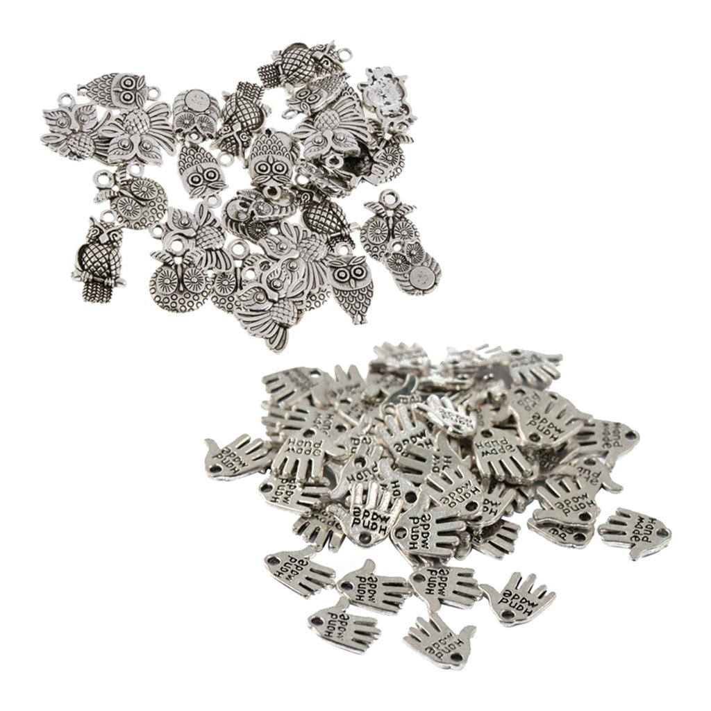 80 Pieces Silver Tibetan Hand Owl Bird Pendant Finding Bead Making Findings