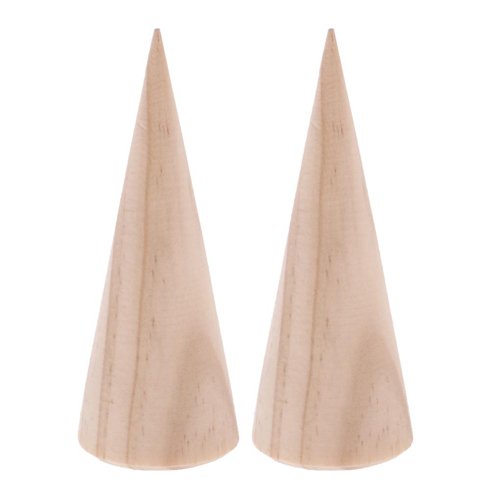2 Pieces Unpainted Plain Cone Wooden Ring Jewelry Display Stand Holder