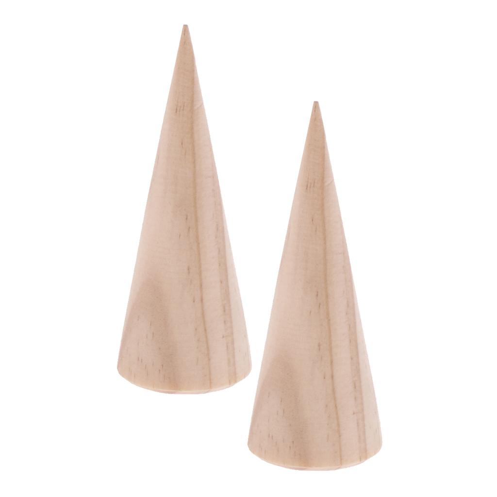 2 Pieces Unpainted Plain Cone Wooden Ring Jewelry Display Stand Holder
