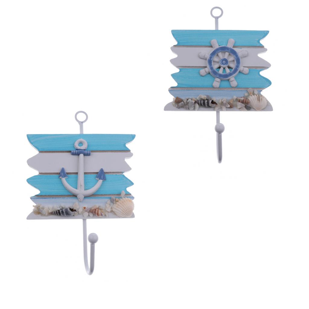 2x Clothes Hat Bag Towel Hooks Hangers Mediterranean Nautical Wheel+Anchor