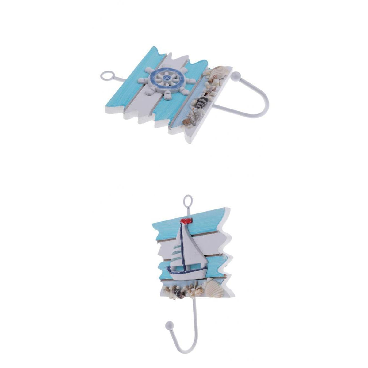 2pcs Clothes Hat Bag Towel Hooks Hangers Mediterranean Nautical Wheel + Boat