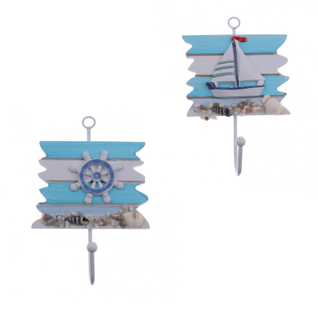 2pcs Clothes Hat Bag Towel Hooks Hangers Mediterranean Nautical Wheel + Boat