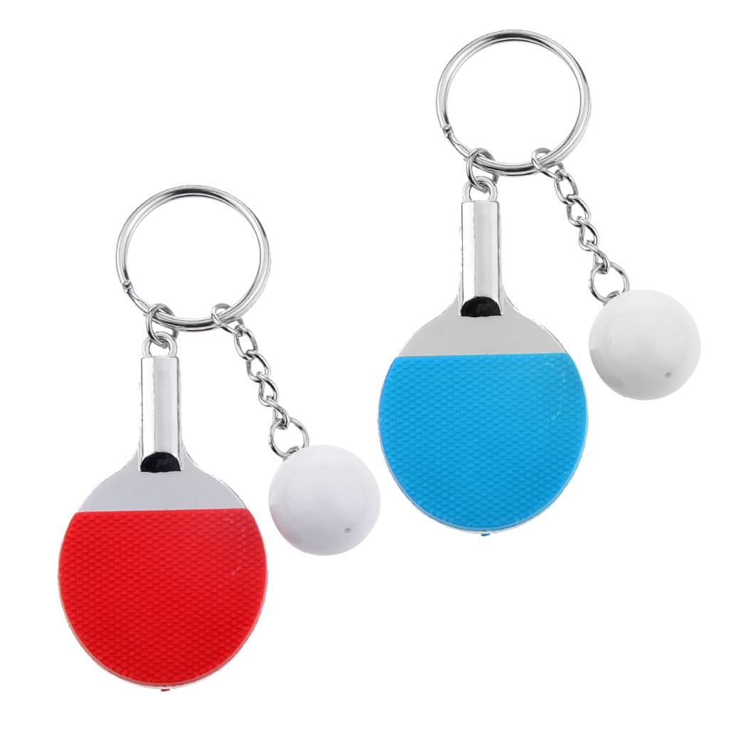 2x Creative Table Tennis Ping-pong Racket & Ball Pendant Key Ring Red & Blue
