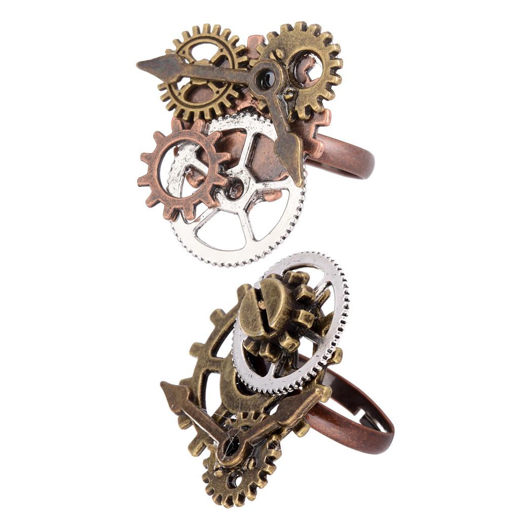 2pcs Unisex Vintage Punk Gothic Adjustable Ring Steampunk Gear Pattern Ring