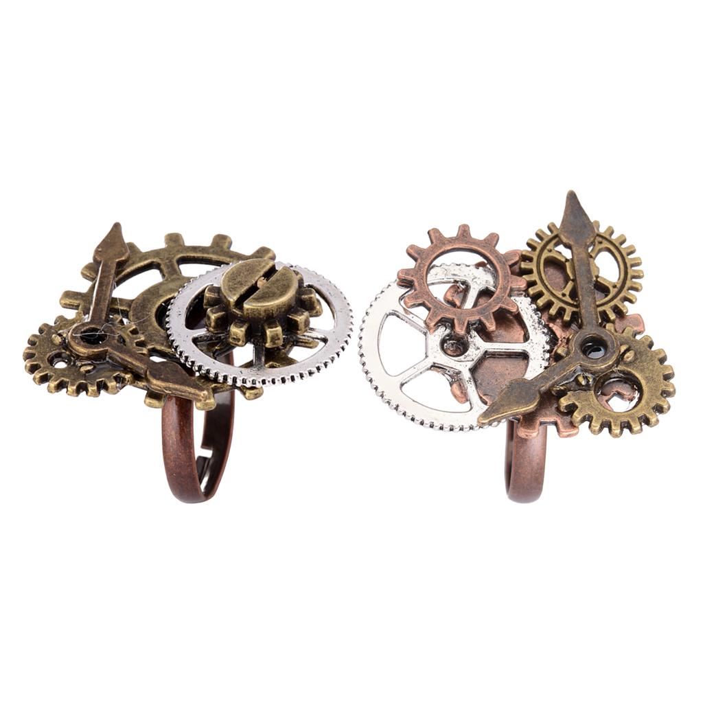 2pcs Unisex Vintage Punk Gothic Adjustable Ring Steampunk Gear Pattern Ring