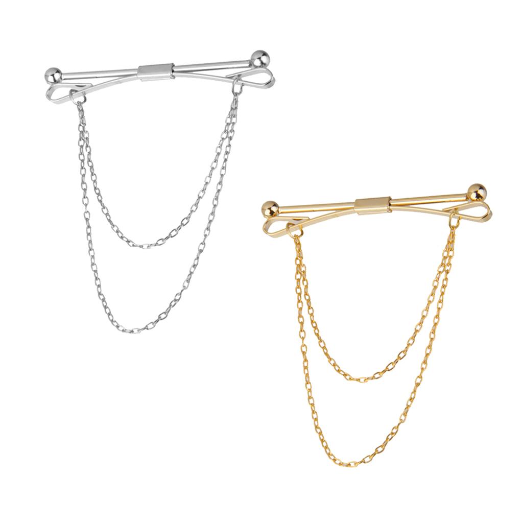 2pcs Mens Silver Gold Necktie Tie Clip Clasp Chain Tassel Collar Pin Brooch