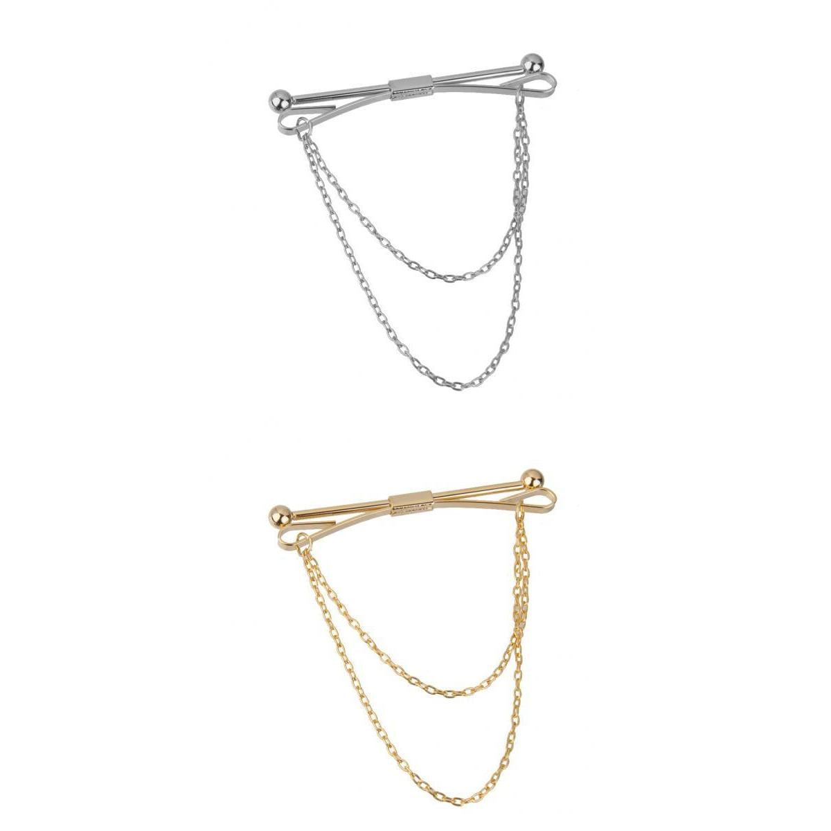 2pcs Mens Silver Gold Necktie Tie Clip Clasp Chain Tassel Collar Pin Brooch