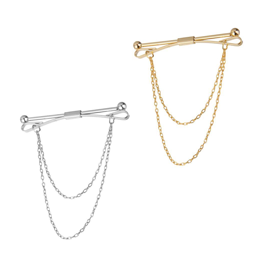 2pcs Mens Silver Gold Necktie Tie Clip Clasp Chain Tassel Collar Pin Brooch