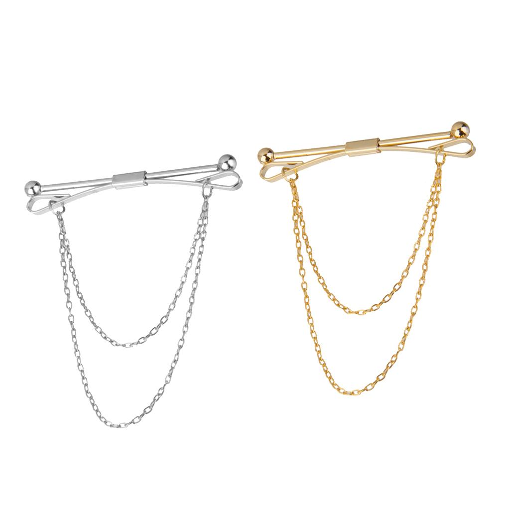 2pcs Mens Silver Gold Necktie Tie Clip Clasp Chain Tassel Collar Pin Brooch