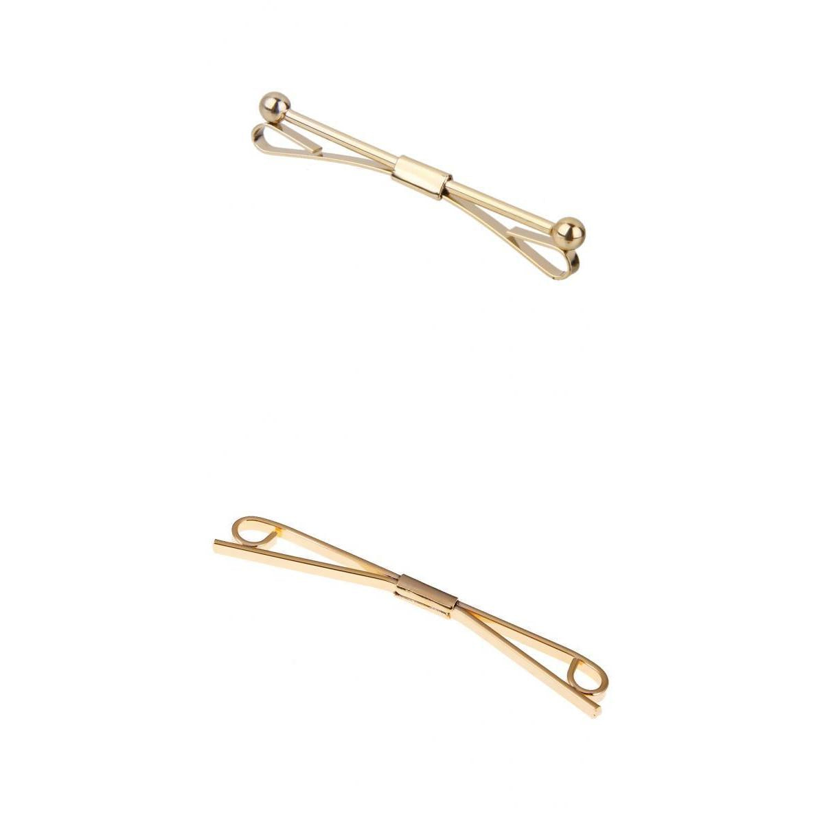 2Pcs Mens Gold Necktie Tie Clip Bar Clasp Cravat Pin Skinny Brooch Collar