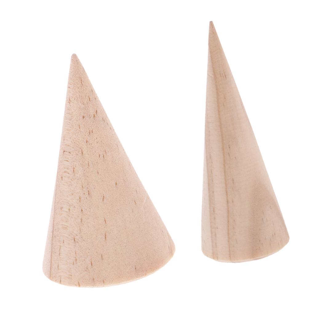 2pcs Natural Unpainted Wooden Ring Jewelry Display Rack Stand Cone Shape