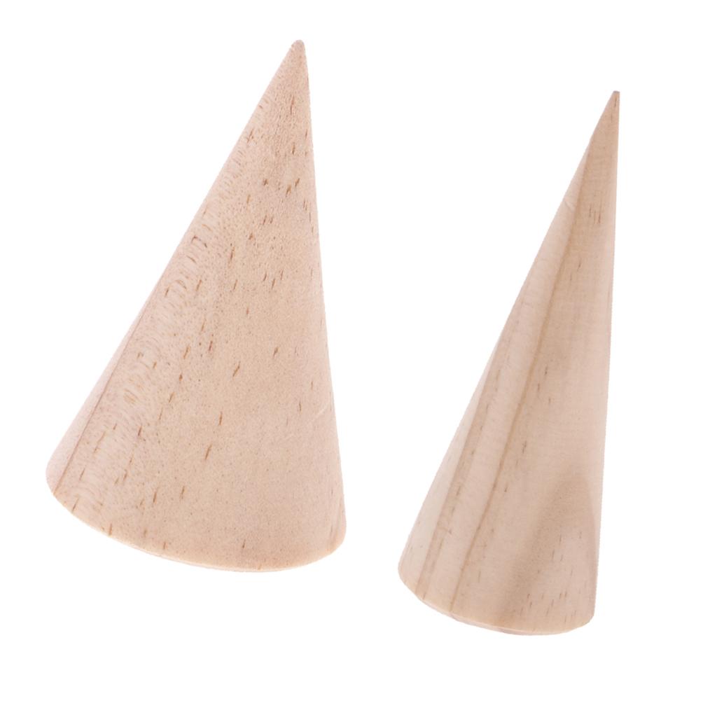 2pcs Natural Unpainted Wooden Ring Jewelry Display Rack Stand Cone Shape