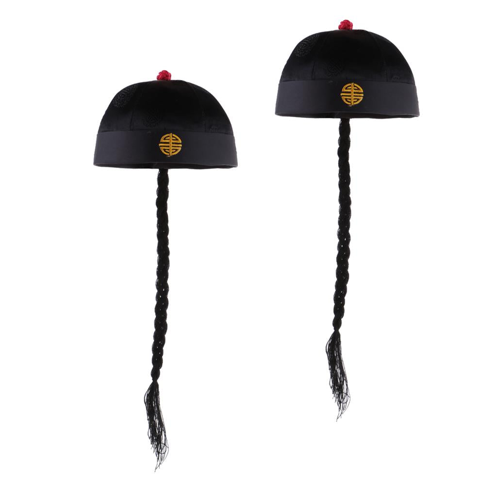 2 Piece Adult Men Black Chinese Oriental Cap with Ponytail Party Costume Hat