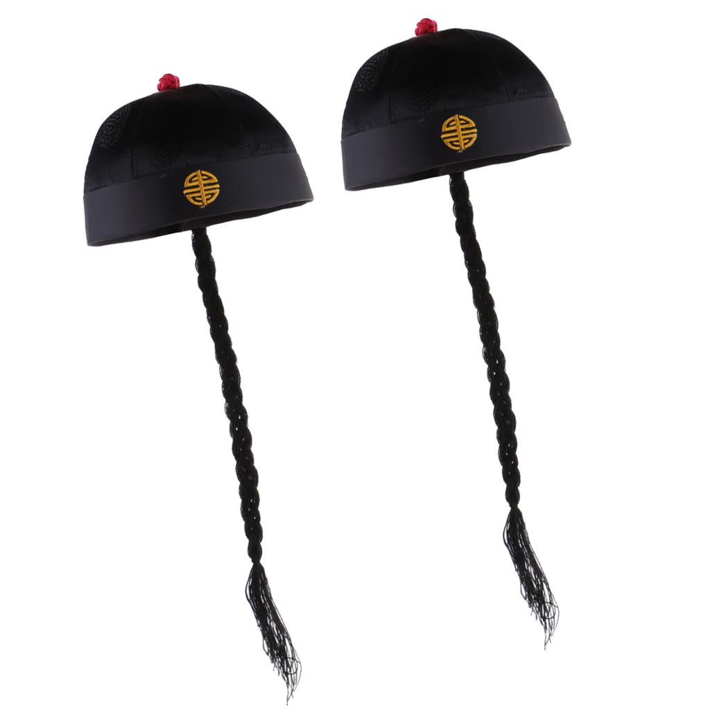 2 Piece Adult Men Black Chinese Oriental Cap with Ponytail Party Costume Hat