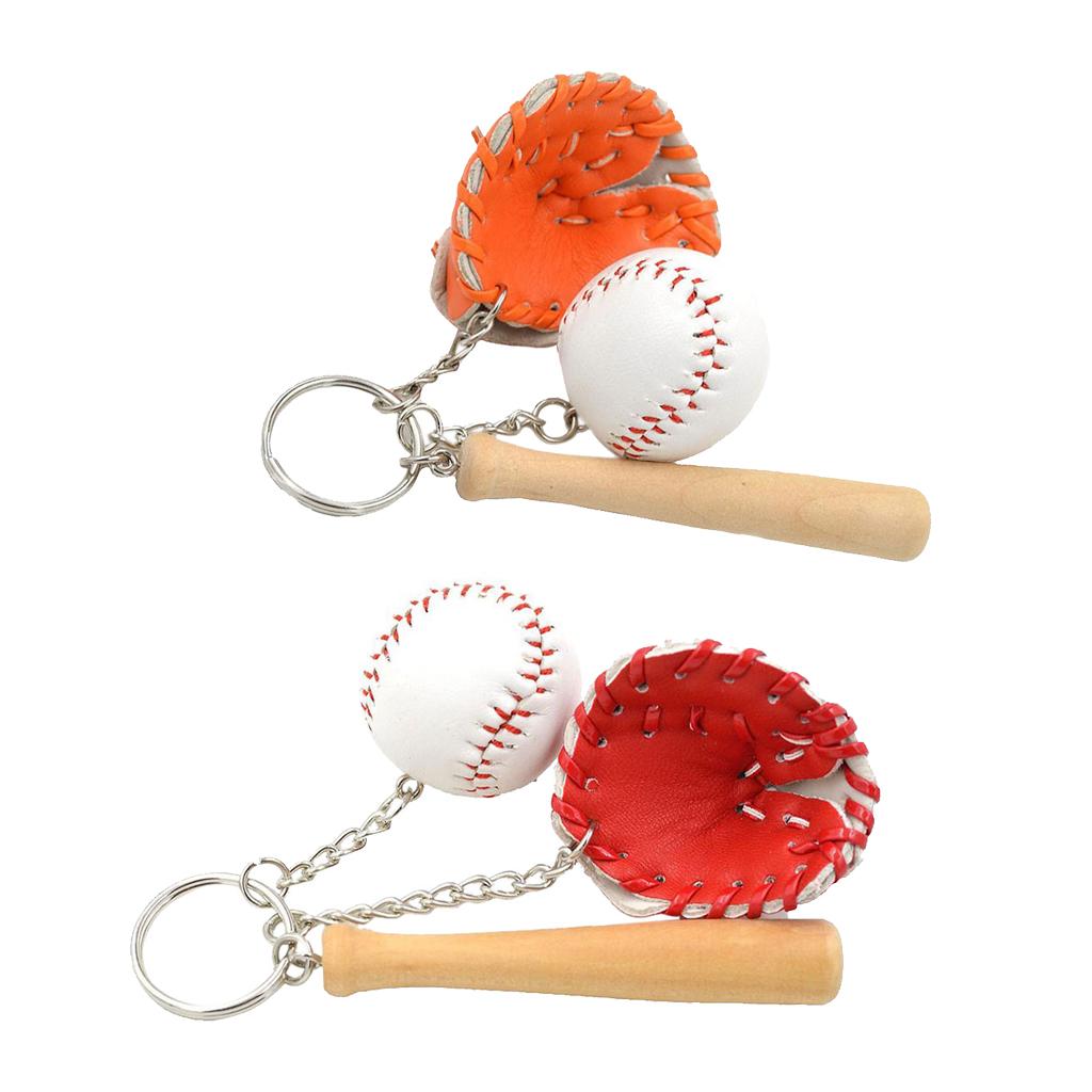 2PCS Mini Baseball Ball+Bat+Glove Set Pendant Keyring Key Chain Gifts