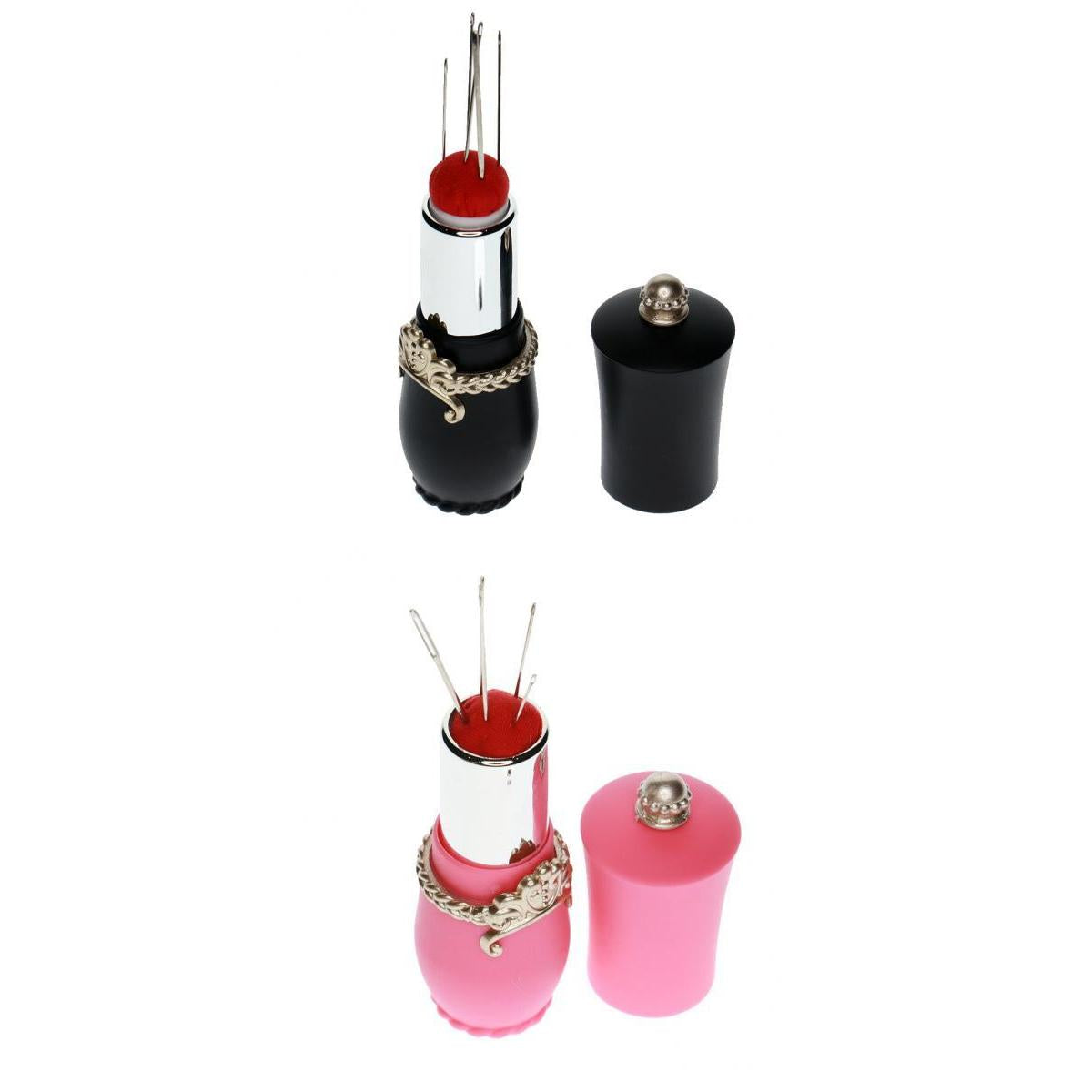 2PCS Lipstick Shaped Needles Pin Cushion Holder with 10pcs Sewing Needles