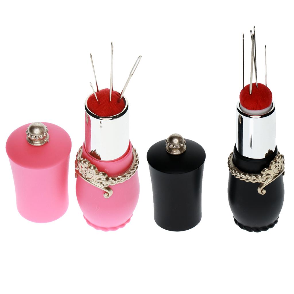 2PCS Lipstick Shaped Needles Pin Cushion Holder with 10pcs Sewing Needles