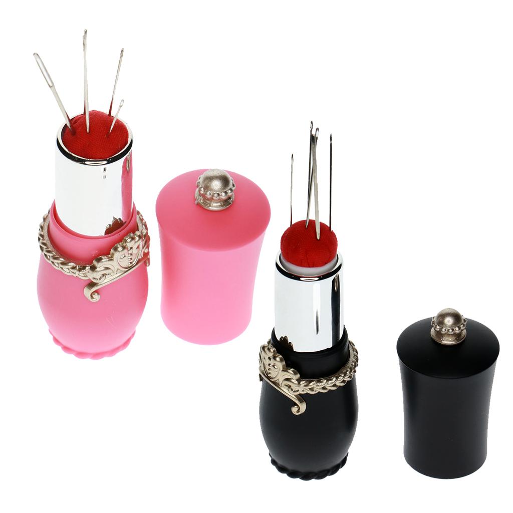 2PCS Lipstick Shaped Needles Pin Cushion Holder with 10pcs Sewing Needles