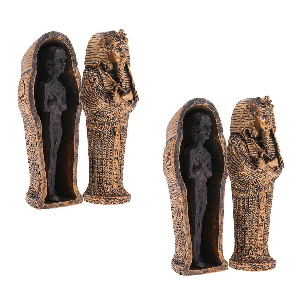 2PCS Ancient Egyptian Black Mummy Figurine w/ Coffin Resin Craft Home Decor