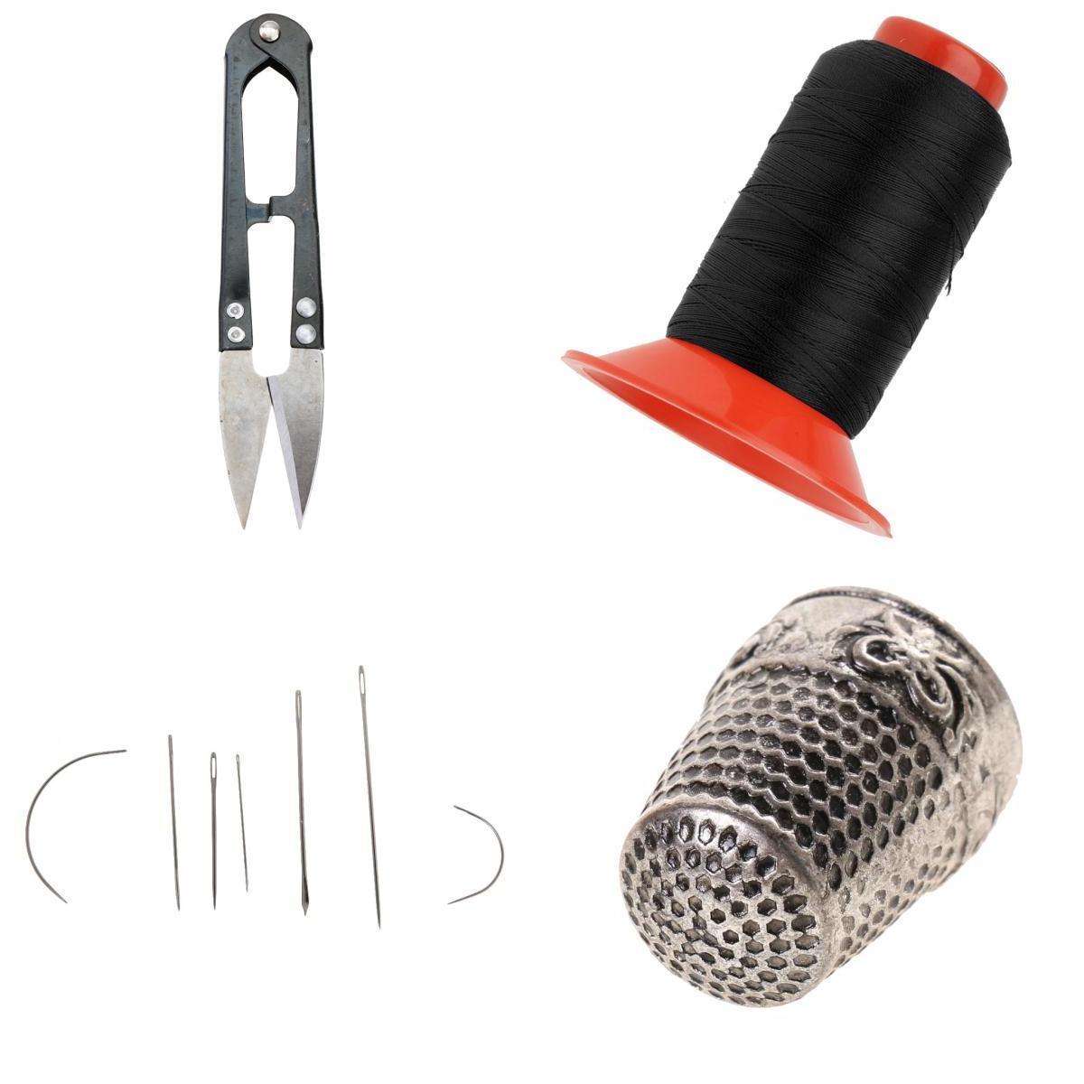 Black Bonded Nylon Sewing Thread Curved Needles Scissors and Thimble Tools