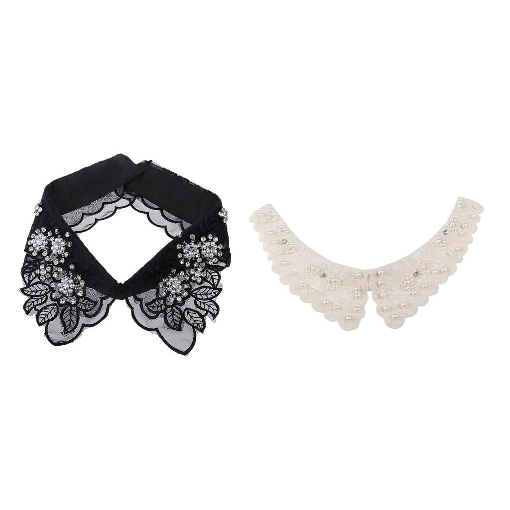 2pcs Women Fake Collar Removable False Blouse Embroidered Collar Black Beige