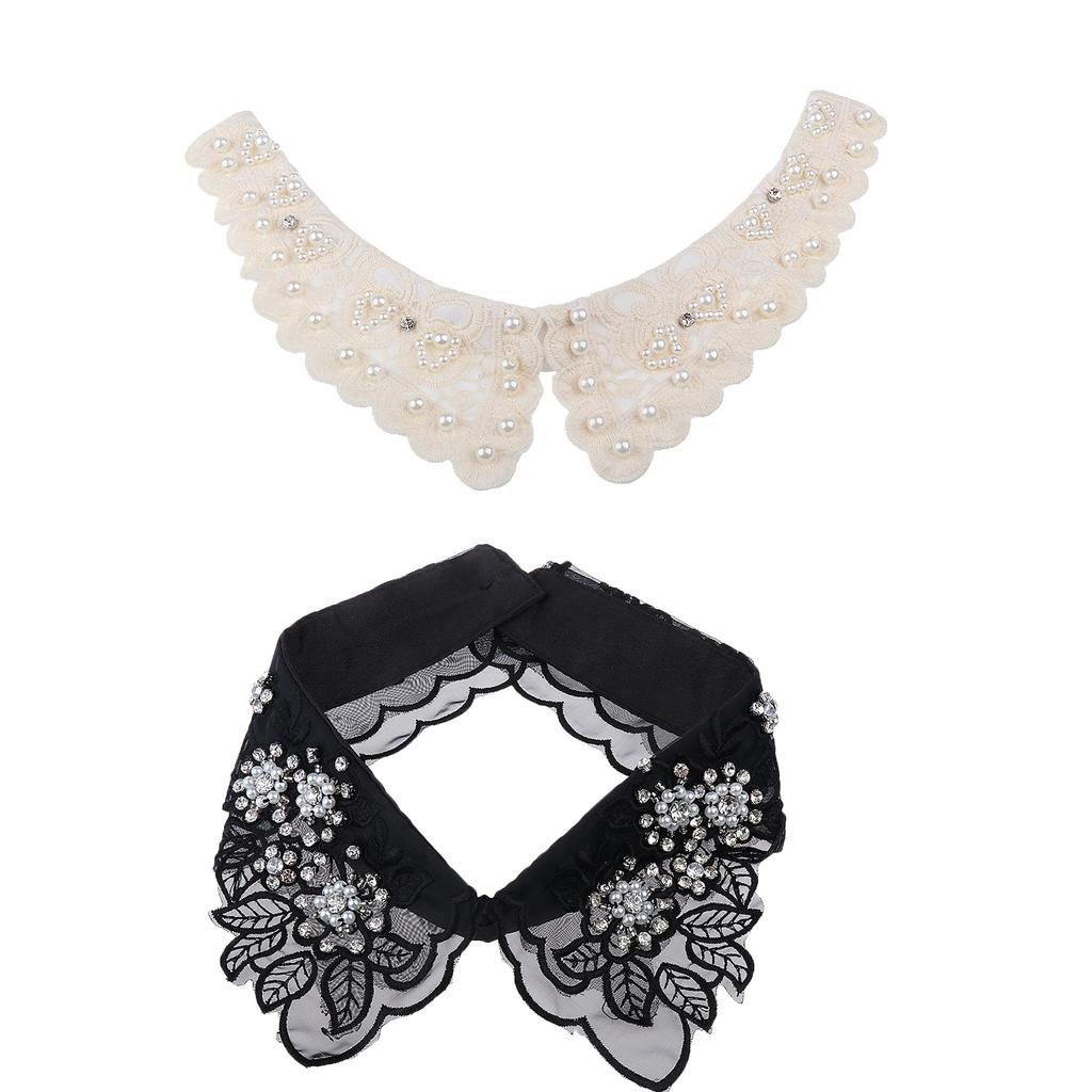 2pcs Women Fake Collar Removable False Blouse Embroidered Collar Black Beige