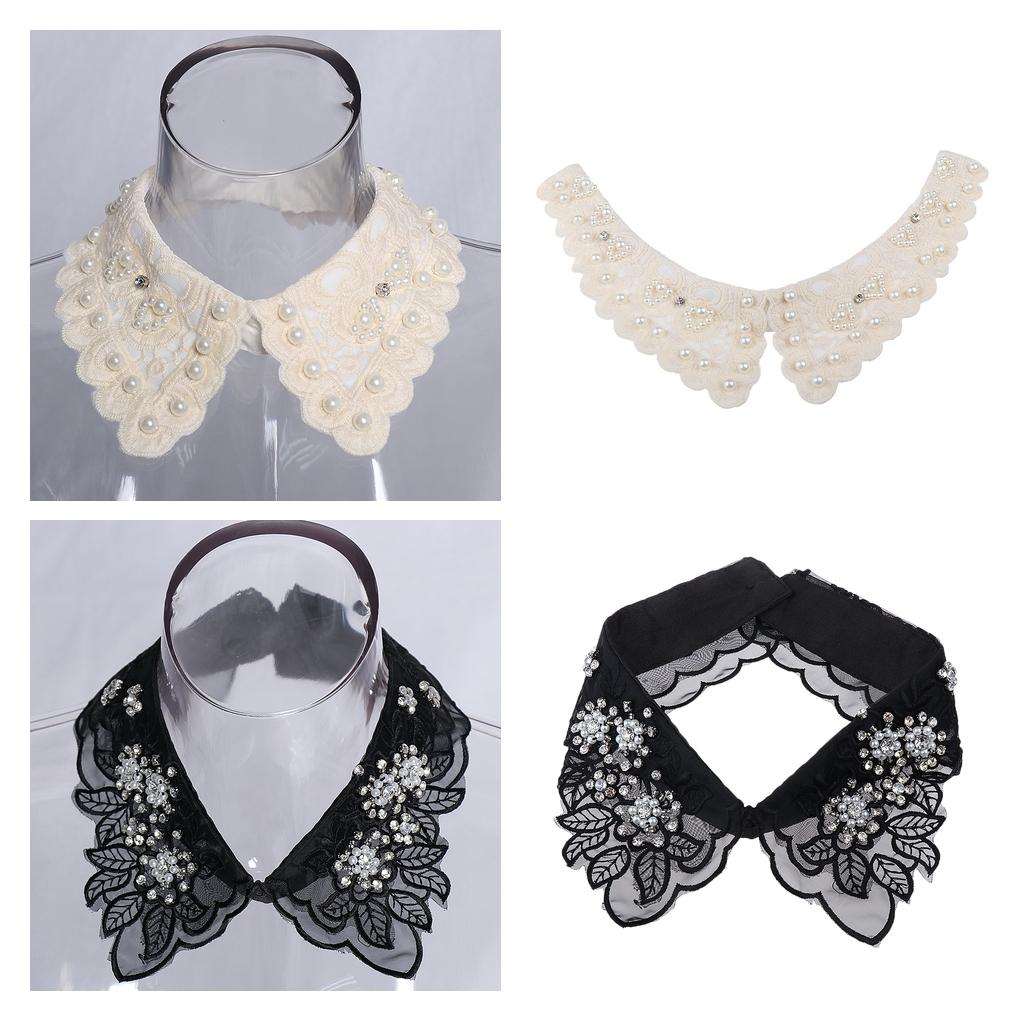 2pcs Women Fake Collar Removable False Blouse Embroidered Collar Black Beige