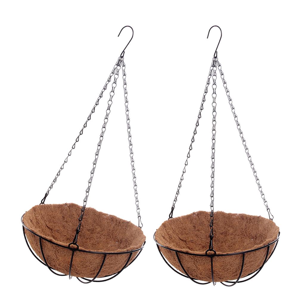 2pcs Hanging Coconut Basket Planter Flower Pot Black Metal Frame Hanger 12''