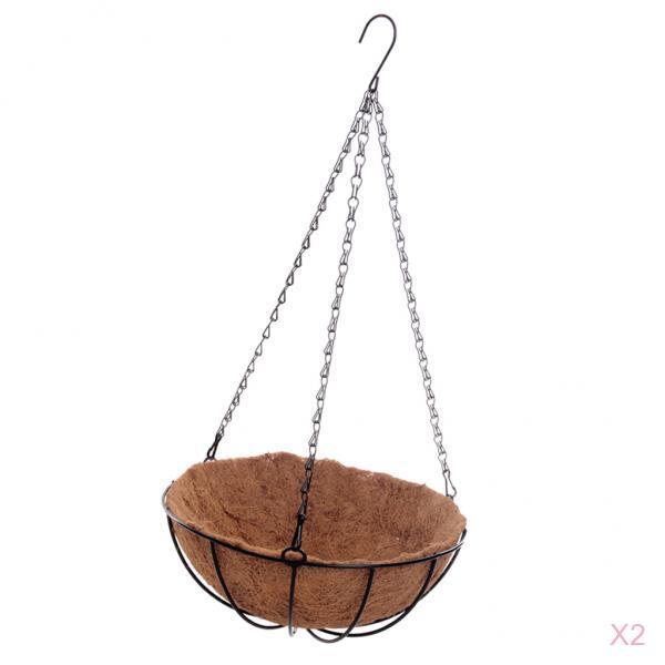 2pcs Hanging Coconut Basket Planter Flower Pot Black Metal Frame Hanger 10''