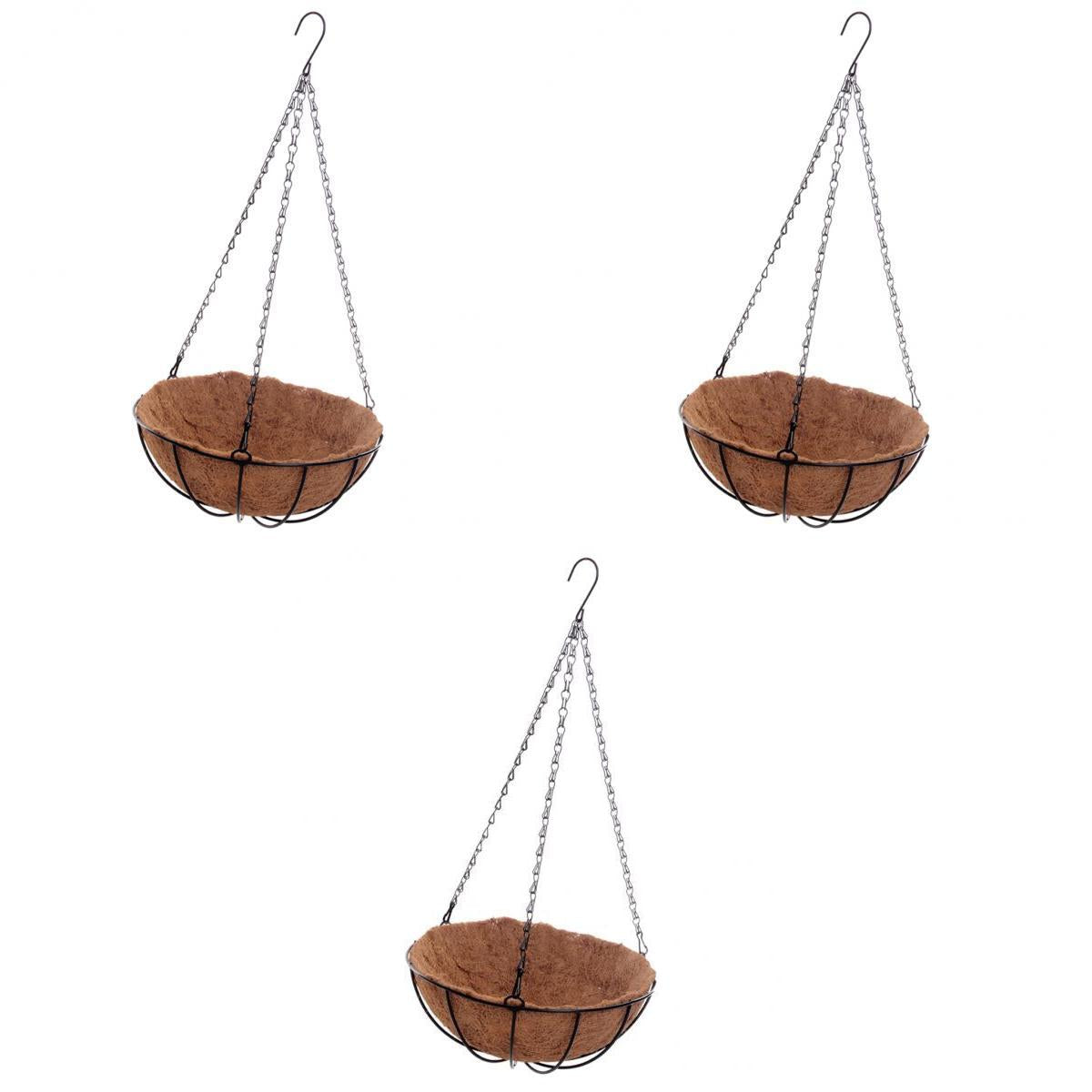 3pcs Hanging Coconut Basket Planter Flower Pot Back Black Metal Frame Hanger