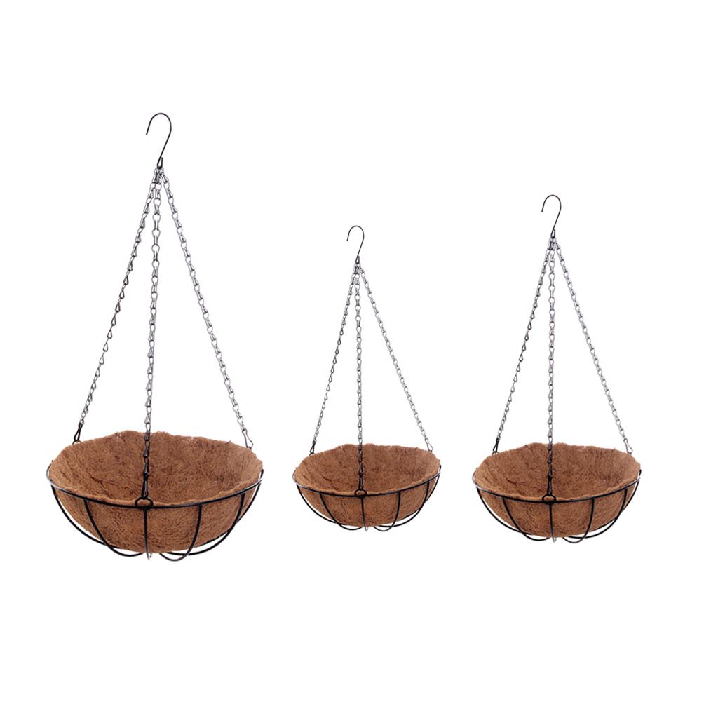 3pcs Hanging Coconut Basket Planter Flower Pot Back Black Metal Frame Hanger