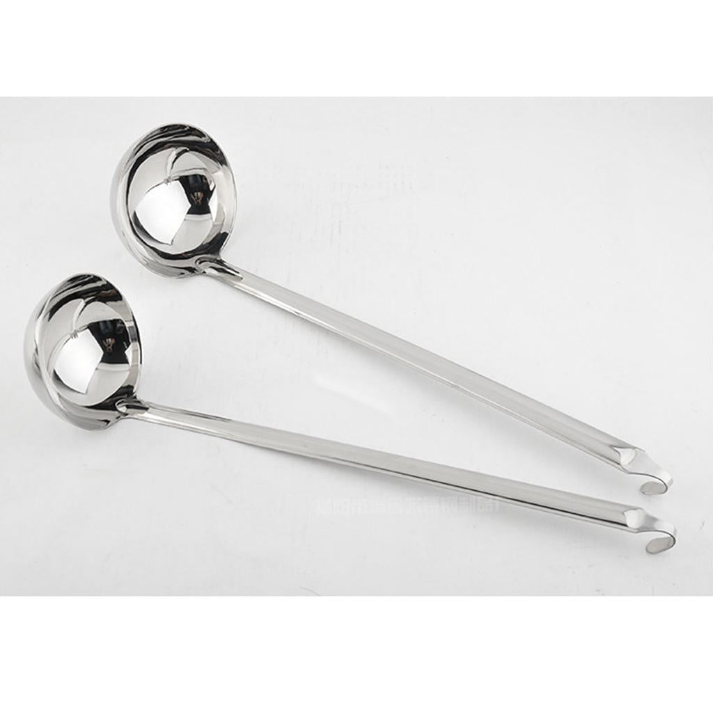2 Pcs Stainless Steel Soup Spoons Ladle Long Handle W/Hook Kitchen Utensils