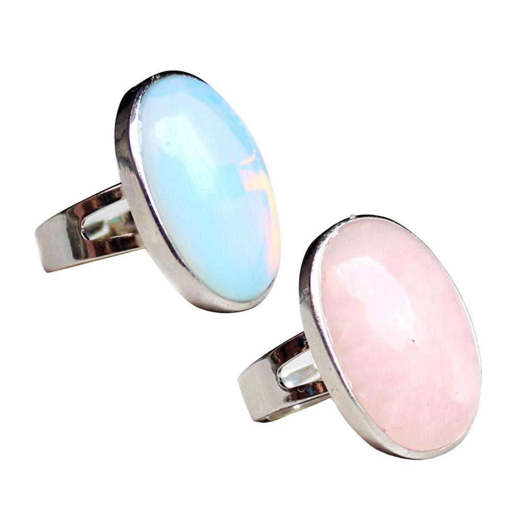 2 Pieces Crystal Oval Opal Gemstone Wedding Finger Copper Band Ring