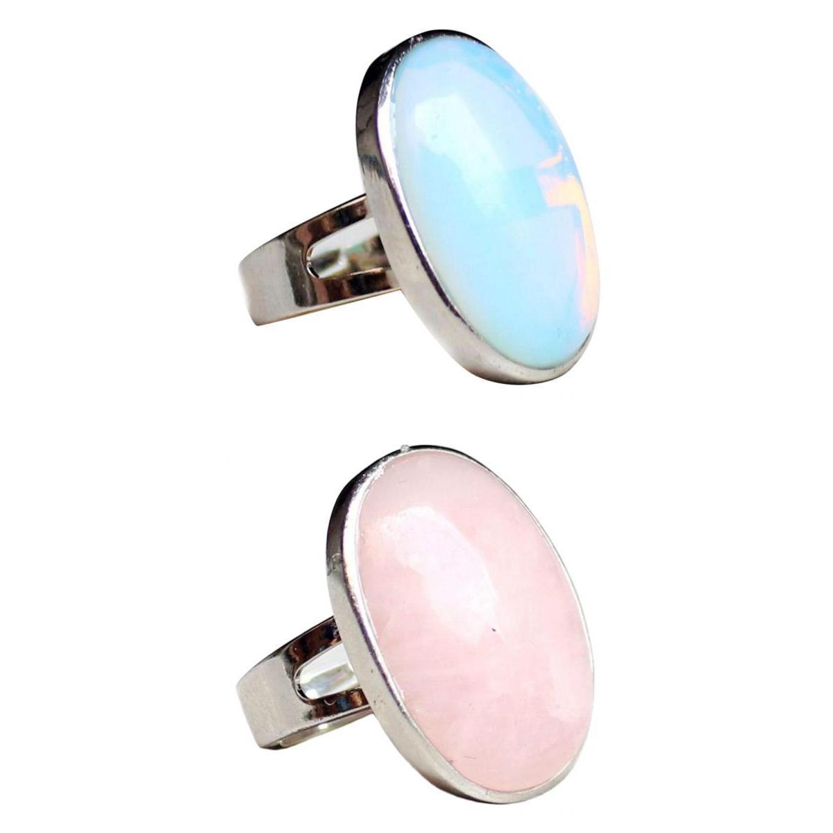 2 Pieces Crystal Oval Opal Gemstone Wedding Finger Copper Band Ring