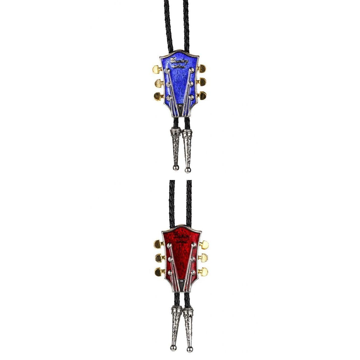 2 Pieces Country Music Guitar Western Cowboy Rodeo Bolo Tie bola Necklace