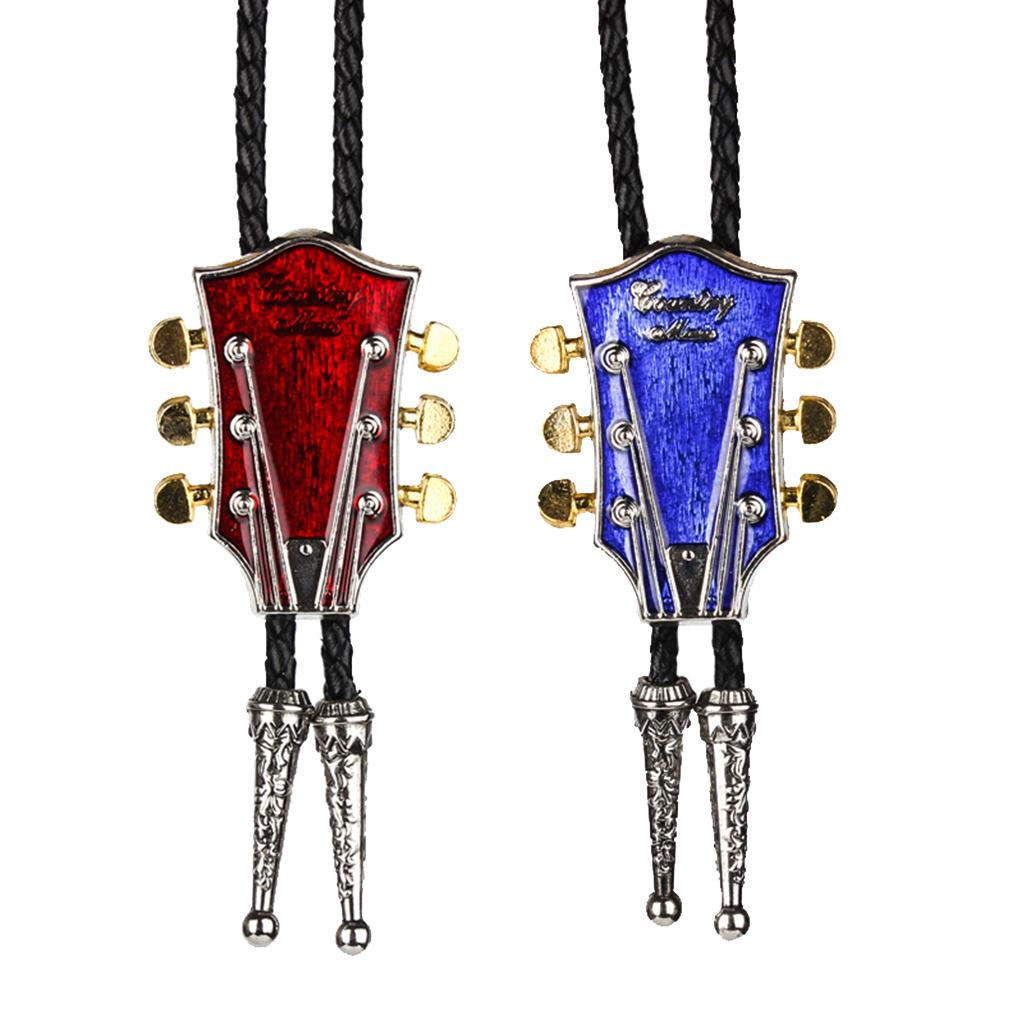 2 Pieces Country Music Guitar Western Cowboy Rodeo Bolo Tie bola Necklace