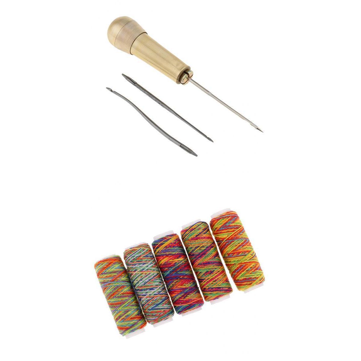 3 Needles Copper Handle Awl Stitcher Repairing Tools & Sewing Threads Spool
