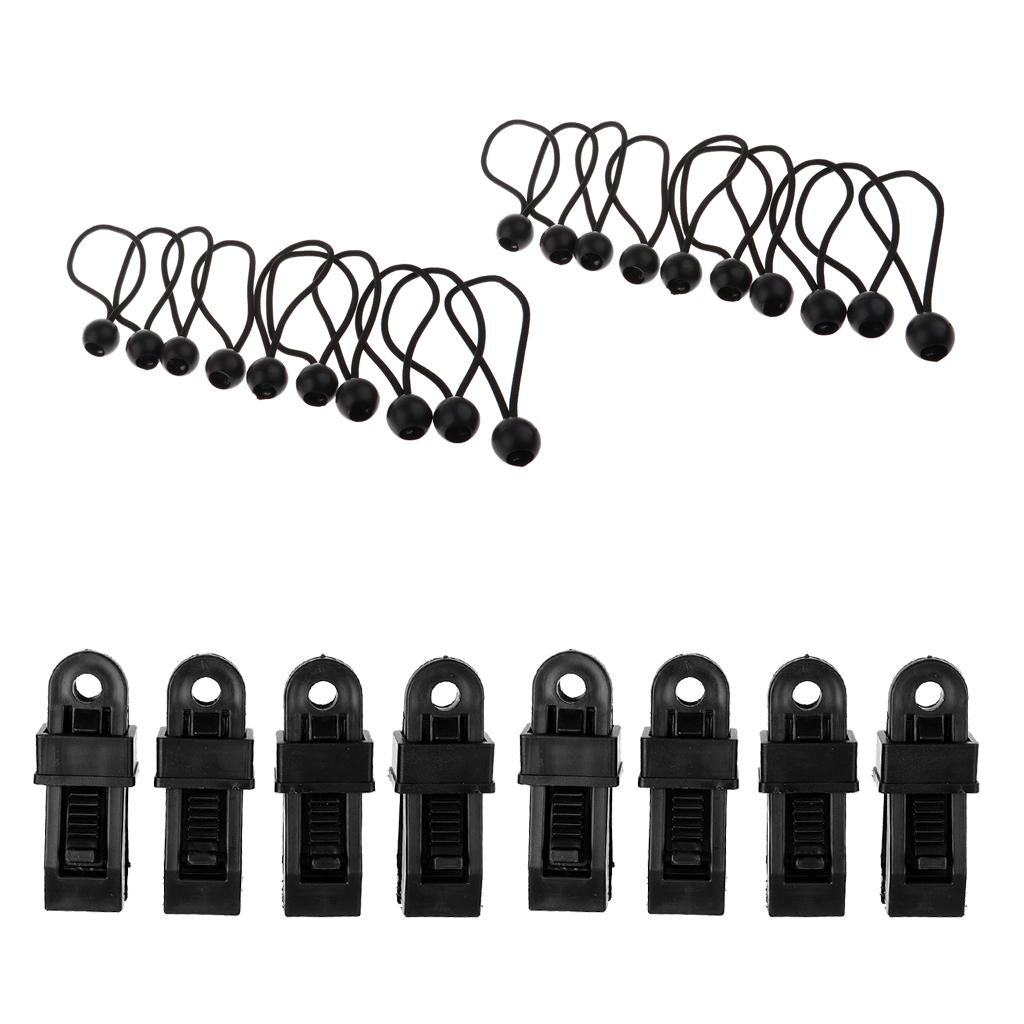 8pcs Awning Clamp Camping Tent Tarp Clips Snap Hangers + 20pcs Ball Bungees