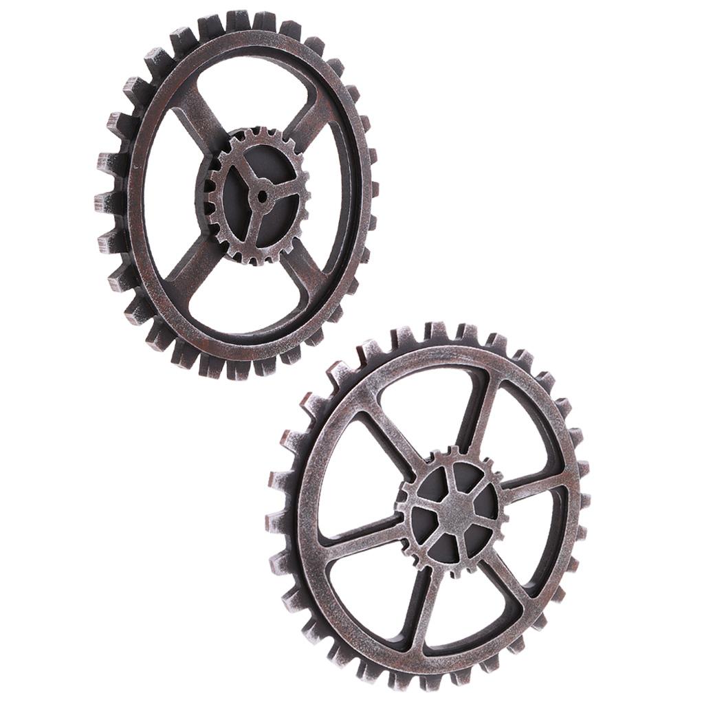 2Pcs Rustic Wooden Circle Gear Home Bar Wall Hanging Art Craft Black