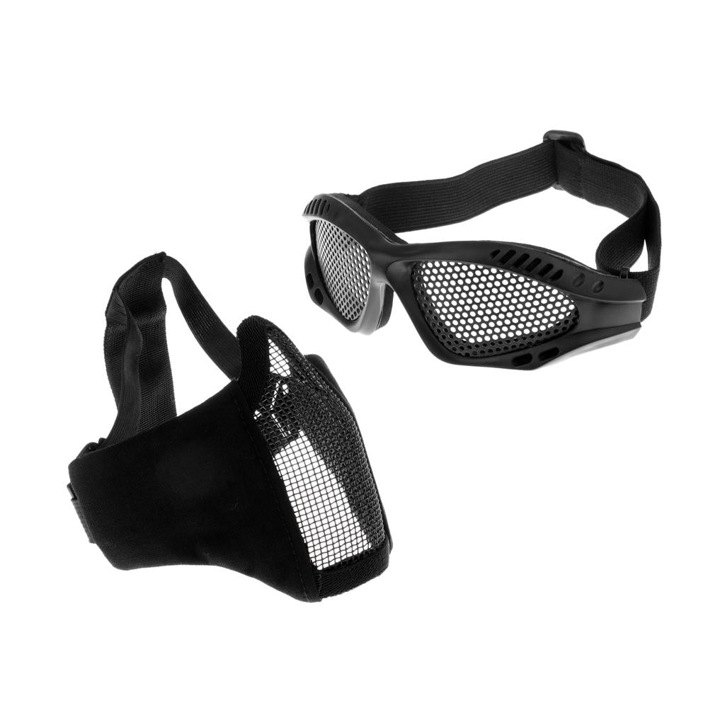 Adjustable Steel Mesh Half Face Lower Tactical Mask & Goggles Black