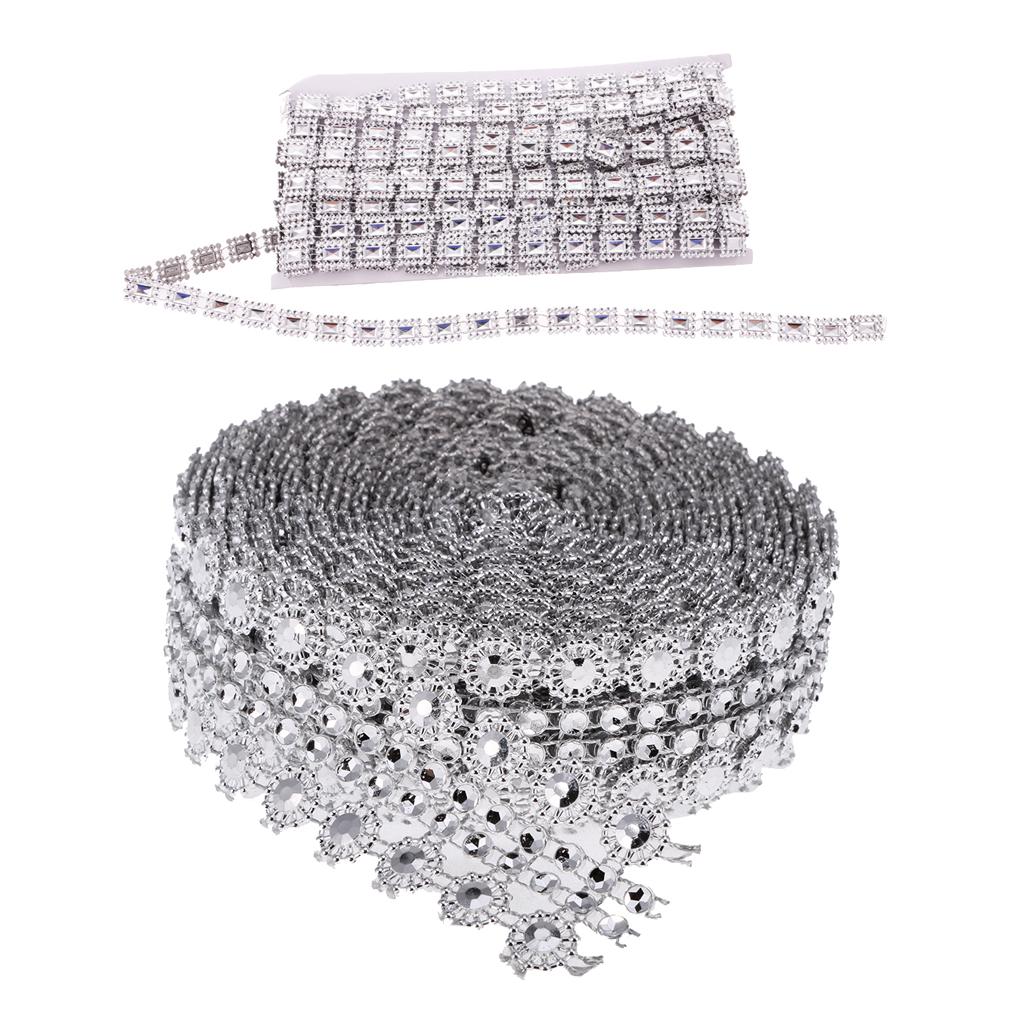 2 Rolls Square & Flower Crystal Chain Ribbon Trim Sewing Applique Silver