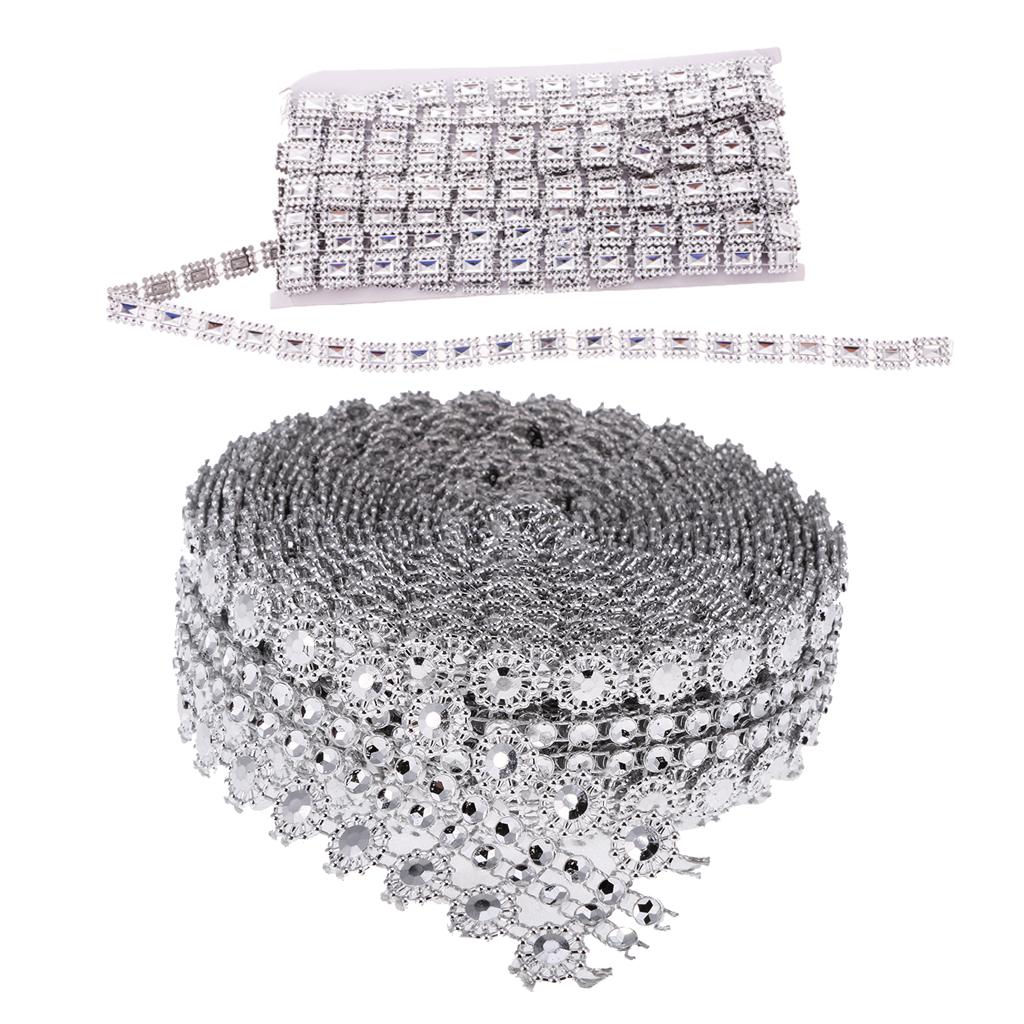 2 Rolls Square & Flower Crystal Chain Ribbon Trim Sewing Applique Silver