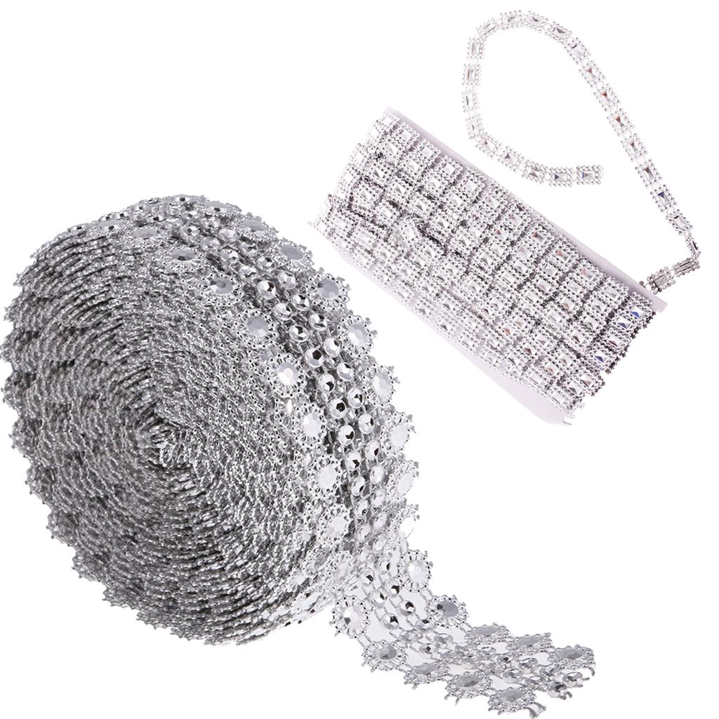 2 Rolls Square & Flower Crystal Chain Ribbon Trim Sewing Applique Silver