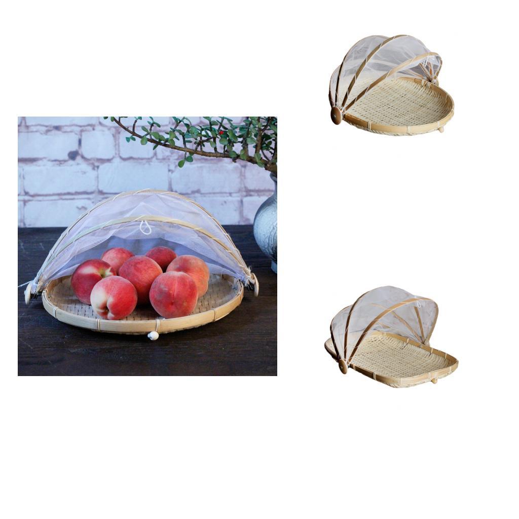 2x Bamboo Tent Basket Serving Food Outdoor Picnic Pop Up Mesh Net Cover L