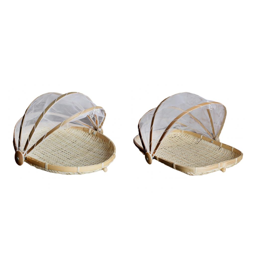 2x Bamboo Tent Basket Serving Food Outdoor Picnic Pop Up Mesh Net Cover L