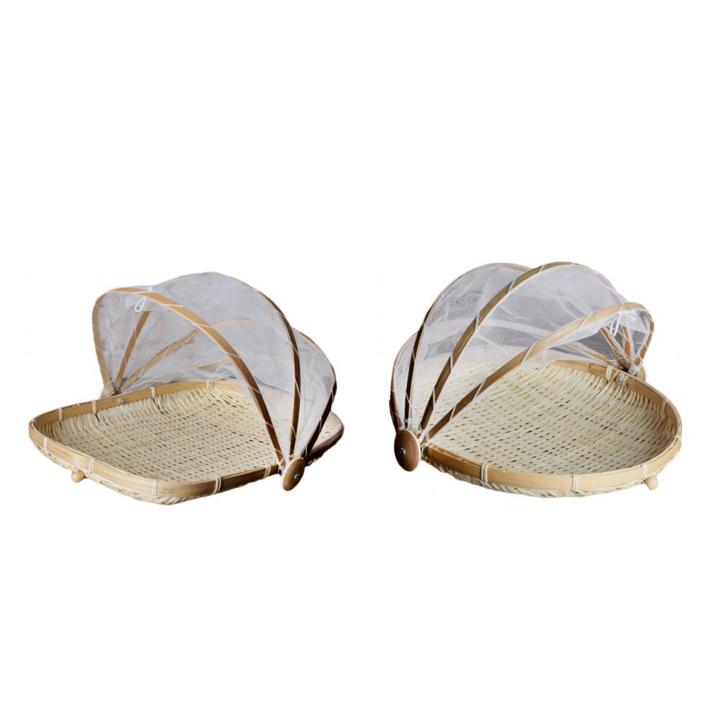 2x Bamboo Tent Basket Serving Food Outdoor Picnic Pop Up Mesh Net Cover L