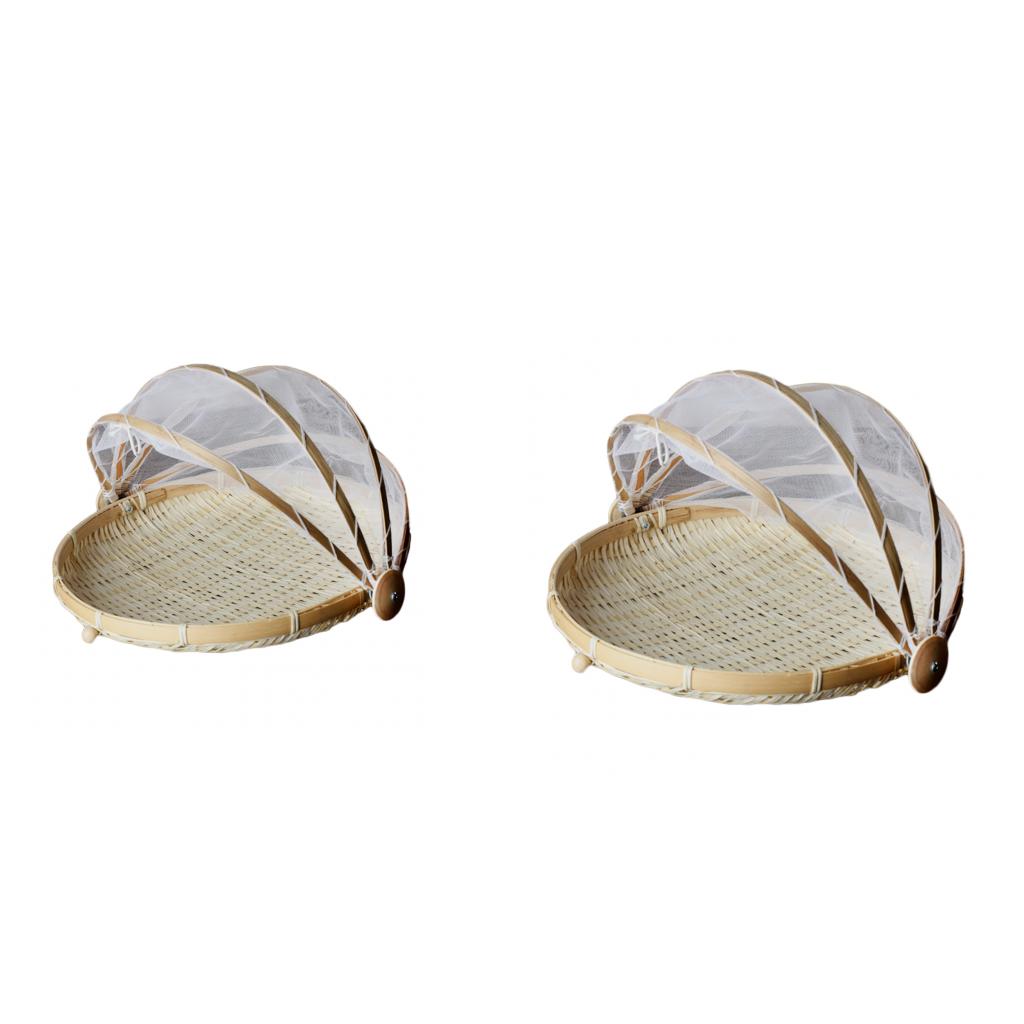 2xBamboo Tent Basket Serving Food Outdoor Picnic Pop Up Mesh Net Cover Round