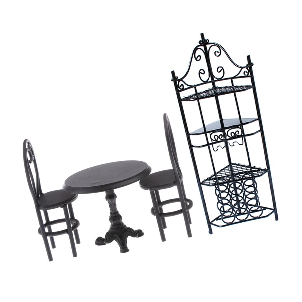 4 Pieces Miniature Metal Table Chair Shelf Set for 1/12 Dollhouse Furniture
